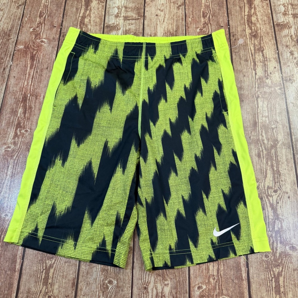 Nike Dri Fit Shorts Mens Medium Black Neon Green Geometric Athletic Pockets